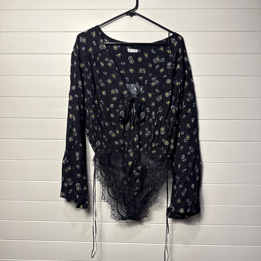 Free People Sun Shimmer Bodysuit Womens S Black Daisy Floral Lace Long Sleeve